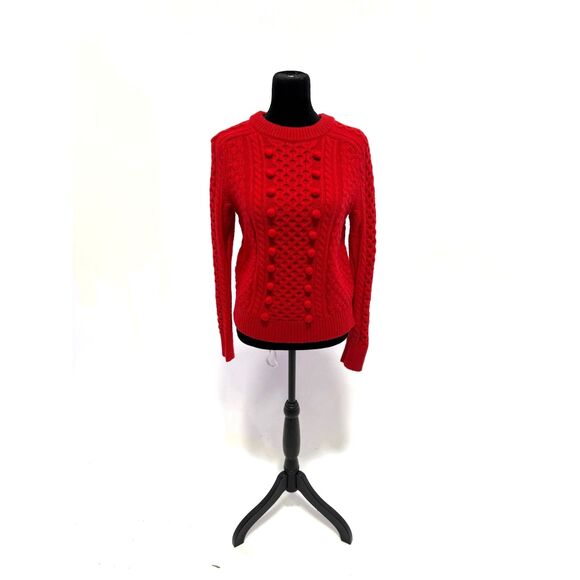 J crew red cable knit pom pom detail wool blend crewneck sweater - Picture 7 of 8